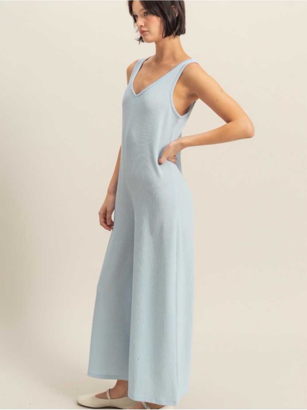 New! Blue Ribbed V-neck Jumpsuit Romper
